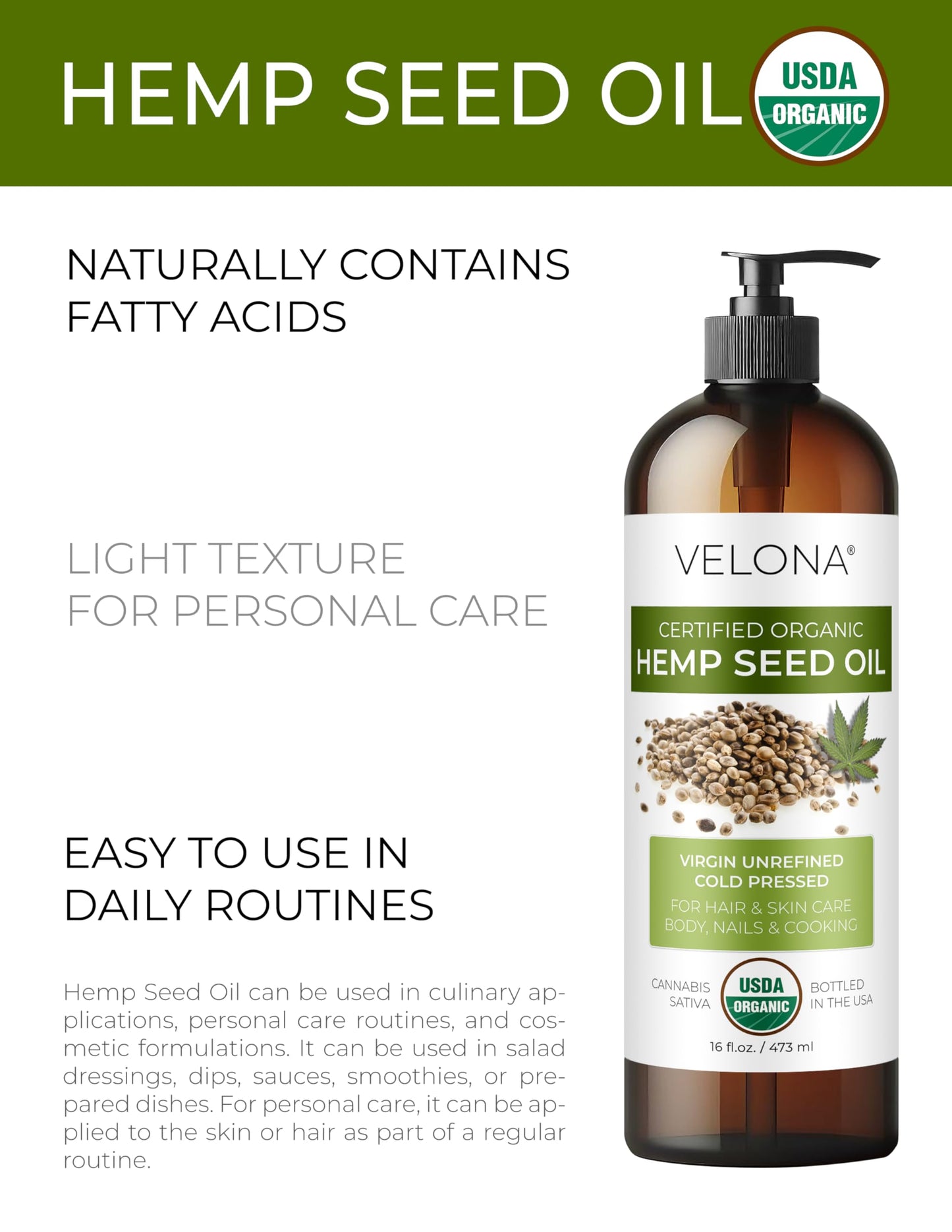 velona USDA Organic Hemp Seed Oil - 32 fl oz, Cold Pressed, with Pump