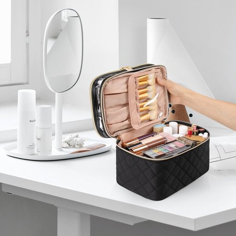 OCHEAL Makeup Bag, Double layer Cosmetic Cases Travel Makeup Organizer Toiletry Bags Large Make Up Bag For Women Girls with Adjustable Dividers and Brush Organize Area -Black Rhombus
