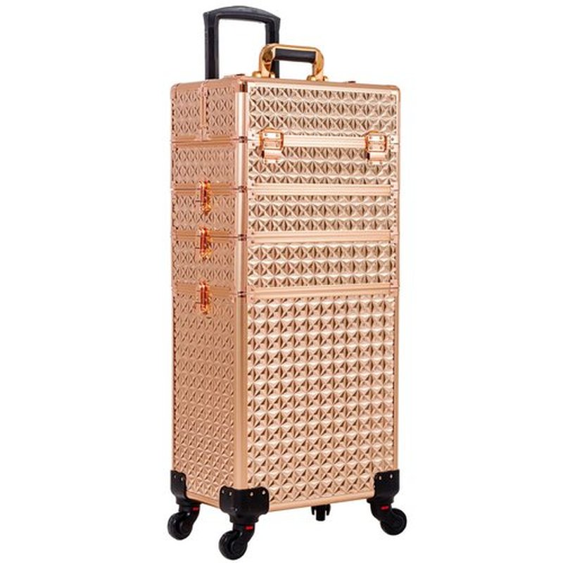 AROUS 5 in 1 Professional Makeup Train Case Aluminum Cosmetic Case Rolling Makeup Case Extra Large Trolley Makeup Travel Organizer, with 360° Swivel Wheels, Gold