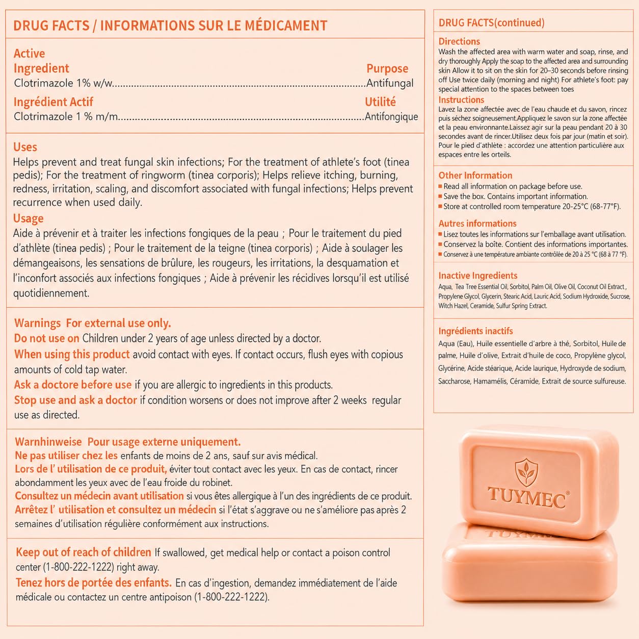 Tuymec Antifungal Bar Soap - Skin Fungus Treatment for Athlete’s Foot, Jock Itch & Ringworm - Medicated Anti Fungal Skin Soap with Clotrimazole 1% (Peach, 2 Bars, 1 Case)