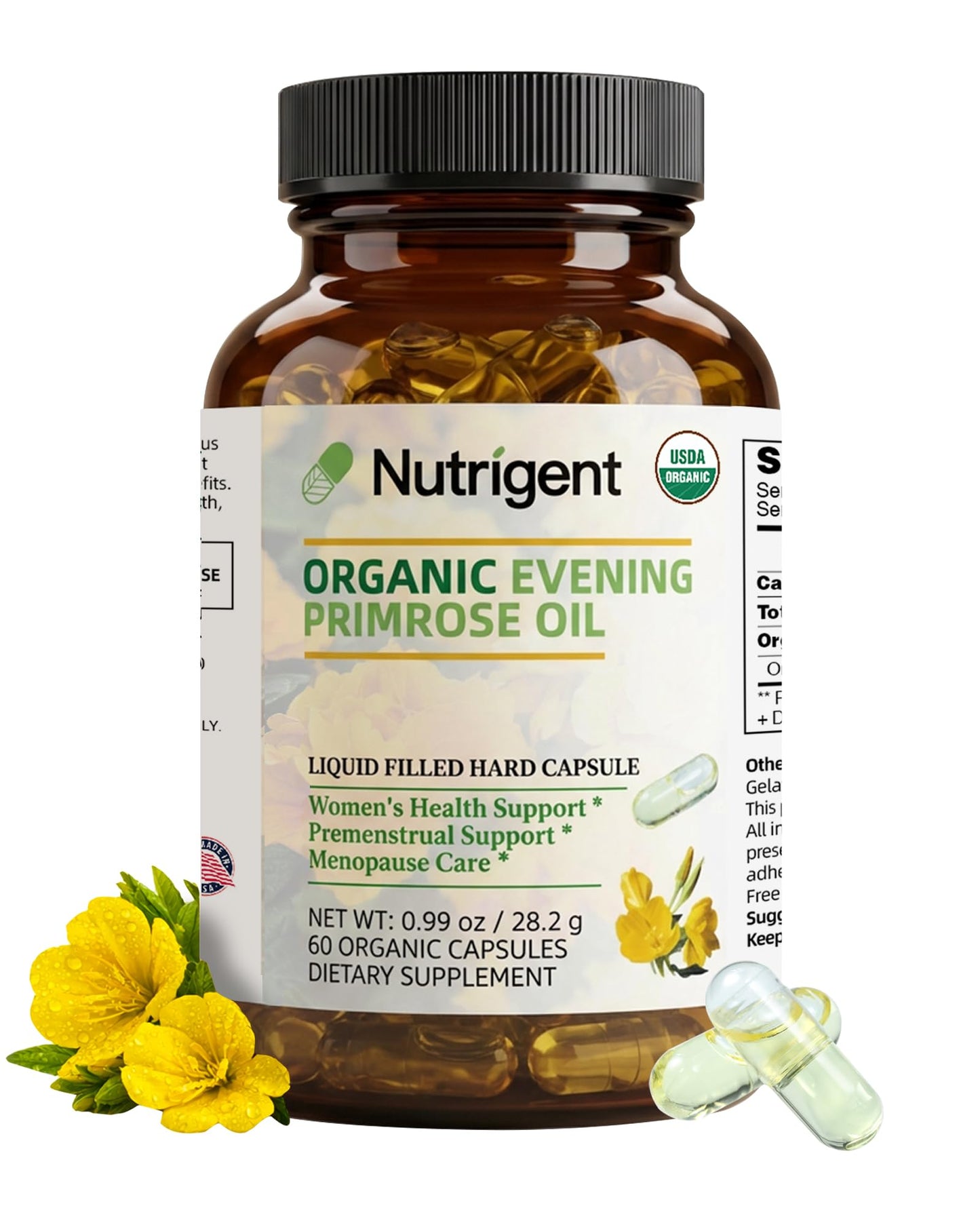 Nutrigent Organic Evening Primrose Oil Supplement, 940 mg 100% Pure with 10% GLA, High Absorption Liquid Organic Capsules, Promotes Women's Health & Skin Health, Cold Pressed, 60 Count