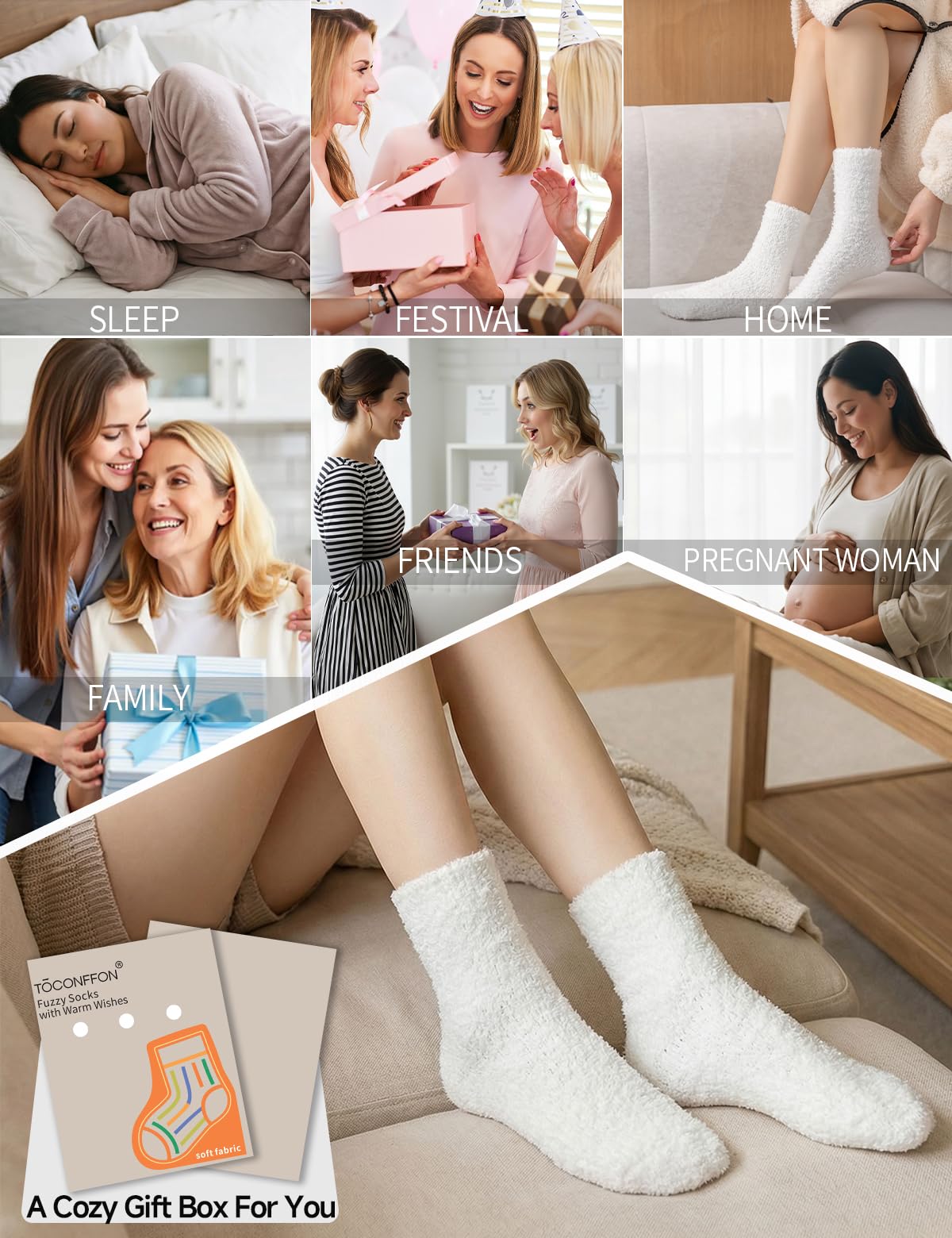 TOCONFFON Women's Fuzzy Socks Cozy Fluffy Socks Hospital Home Sleep Slipper Socks Warm Cozy Gifts Ideas for Mom 6 Pairs(3 White 3 Black)