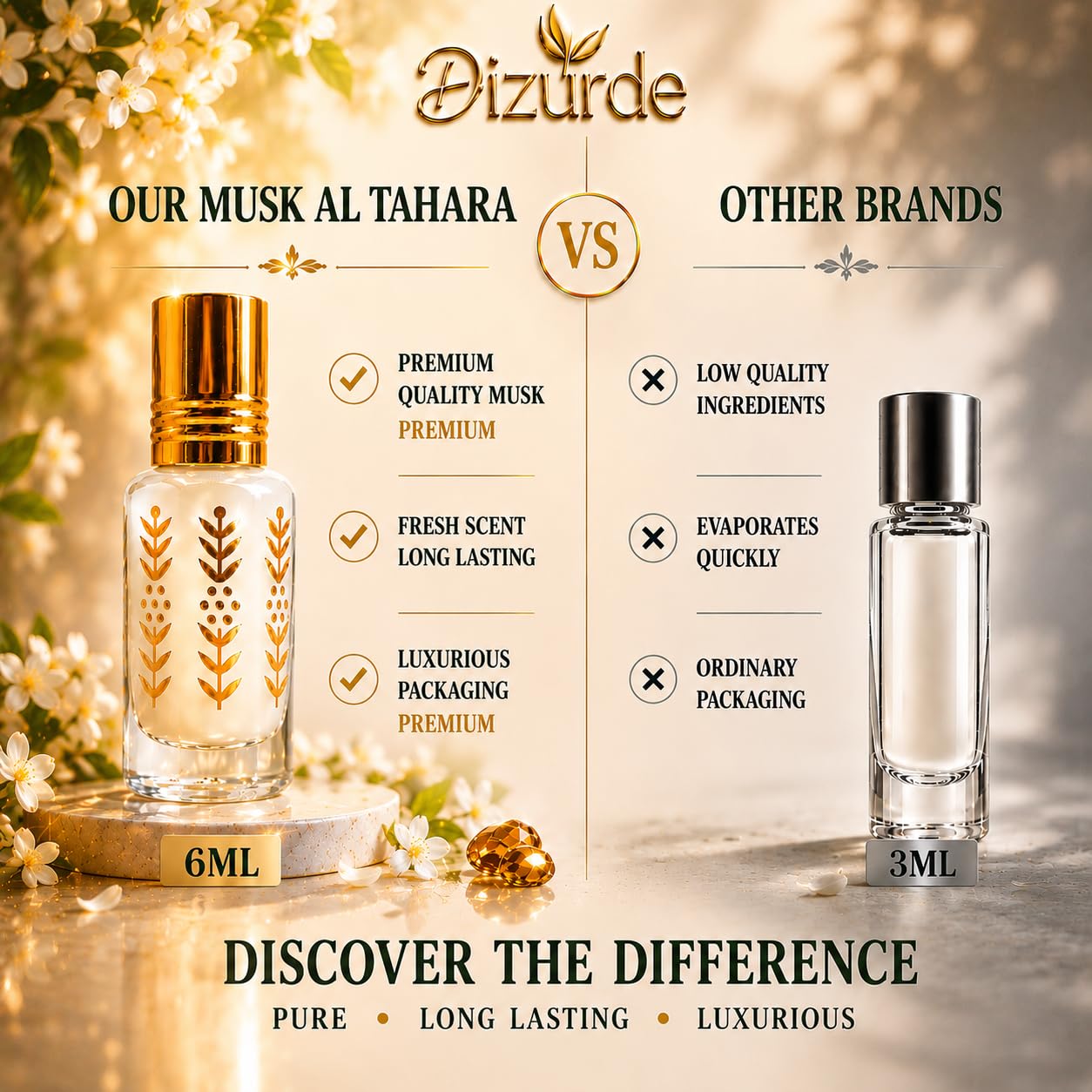 Dizurde Musk Al Tahara 6mL | White Musk Perfume for Women | Egyptian Musk Oil Arabian Perfume | Soft Skin Scent for Everyday Wear & Layering
