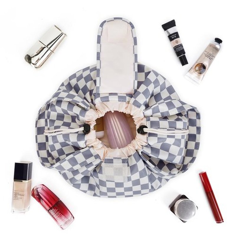 Barrel Drawstring Checkered Makeup Bag Large Cosmetic Bag Make up Bags Toiletry Organizer for Women (Grayish Blue Checkerboard) (Patent)