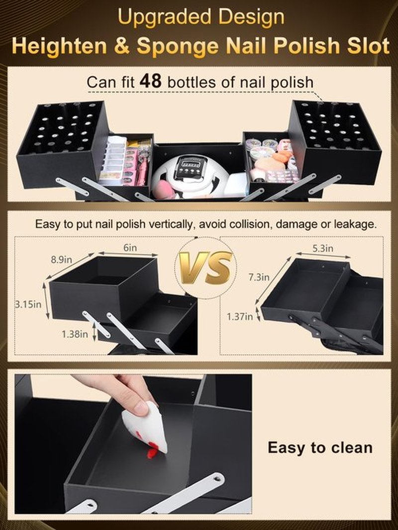 Deciniee Large Makeup Travel Train Case, Upgraded Plus Size Nail Supply Organizers and Storage for Nail Tech, Black 4 Tier Cosmetic Train Case Makeup Box, Nail Polish Makeup Organizer and Storage Bag
