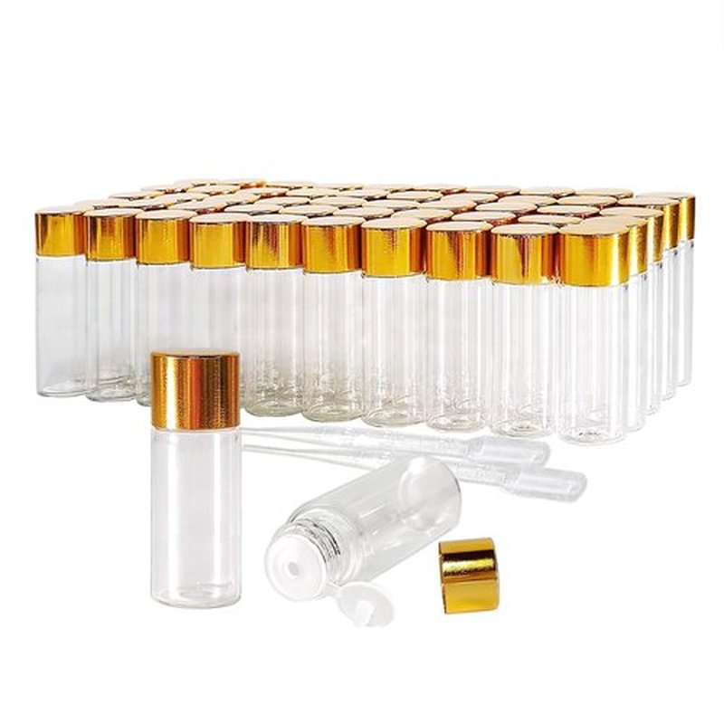 50Pcs 5ml Mini Essential Oil Bottles with Orifice Reducers and Gold Caps,5ml Clear Glass Bottles Vials Sample Bottles, for Perfume, Aromatherapy, Cosmetic Oils Container