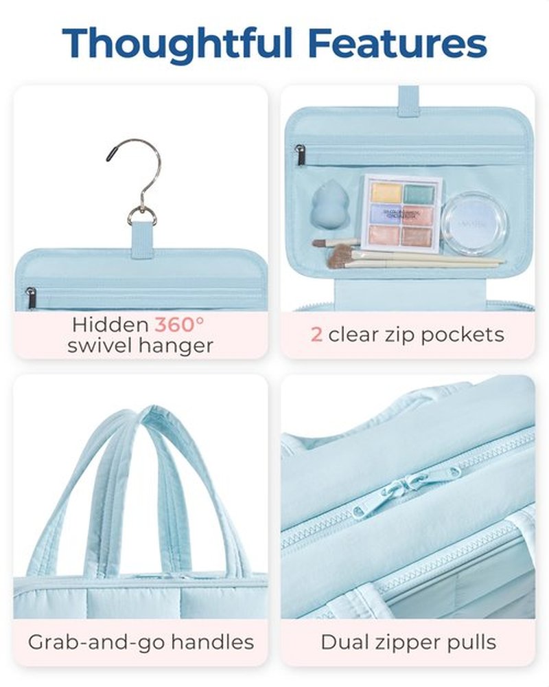 BAGSMART Travel Toiletry Bag with Jewelry Organizer, Hanging Travel Bag for Toiletries, Puffy Makeup Cosmetic Bag Organizer, Carry-on Travel Accessories Essentials, Light Blue-M