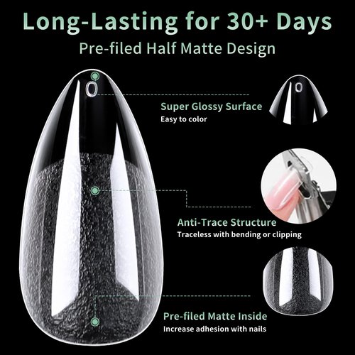 Medium Almond Nail Tips, 216pcs Acrylic Fake Nails Soft Gel X Nail Tips, Full Cover Pre-Shaped Matte Clear Press on Nails for Extension, Diy at Home Manicure 12 Sizes