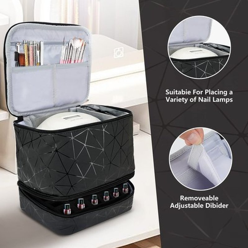 Brynnl Nail Polish Organizer Case, Fingernail Polish Travel Organizer with Handle, Holds 30 Bottles, 1 Led Nail Lamp Nail Art Supplies, Double Layer Nail Polish Carrying Case With Detachable
