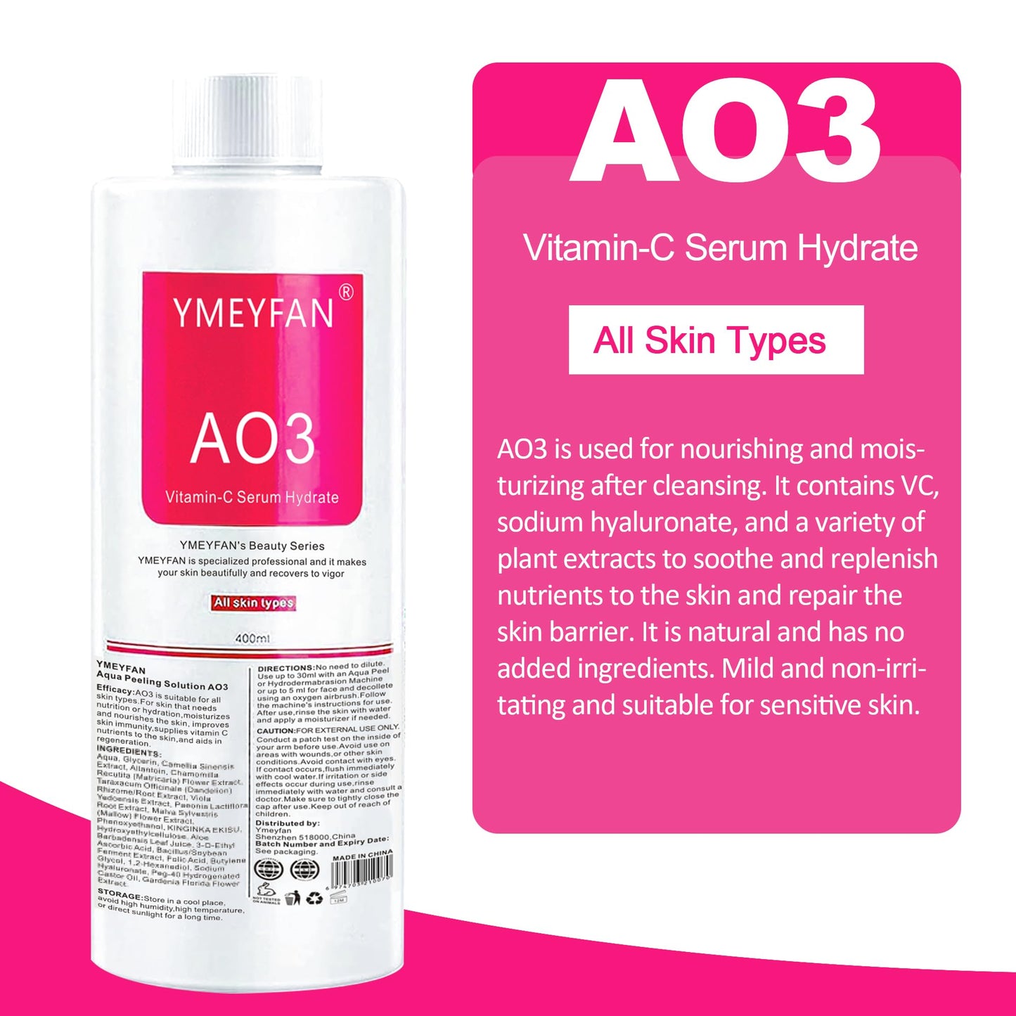 YMEYFAN AS1 SA2 AO3 Aqua Peeling Solution(English Ver.), Hydro Facial Solution for Hydrogen Oxygen Facial Machine Professional, Hydrating Serums for Facial Cleansing, Nourishing, Exfoliate(400ml/3Pcs)