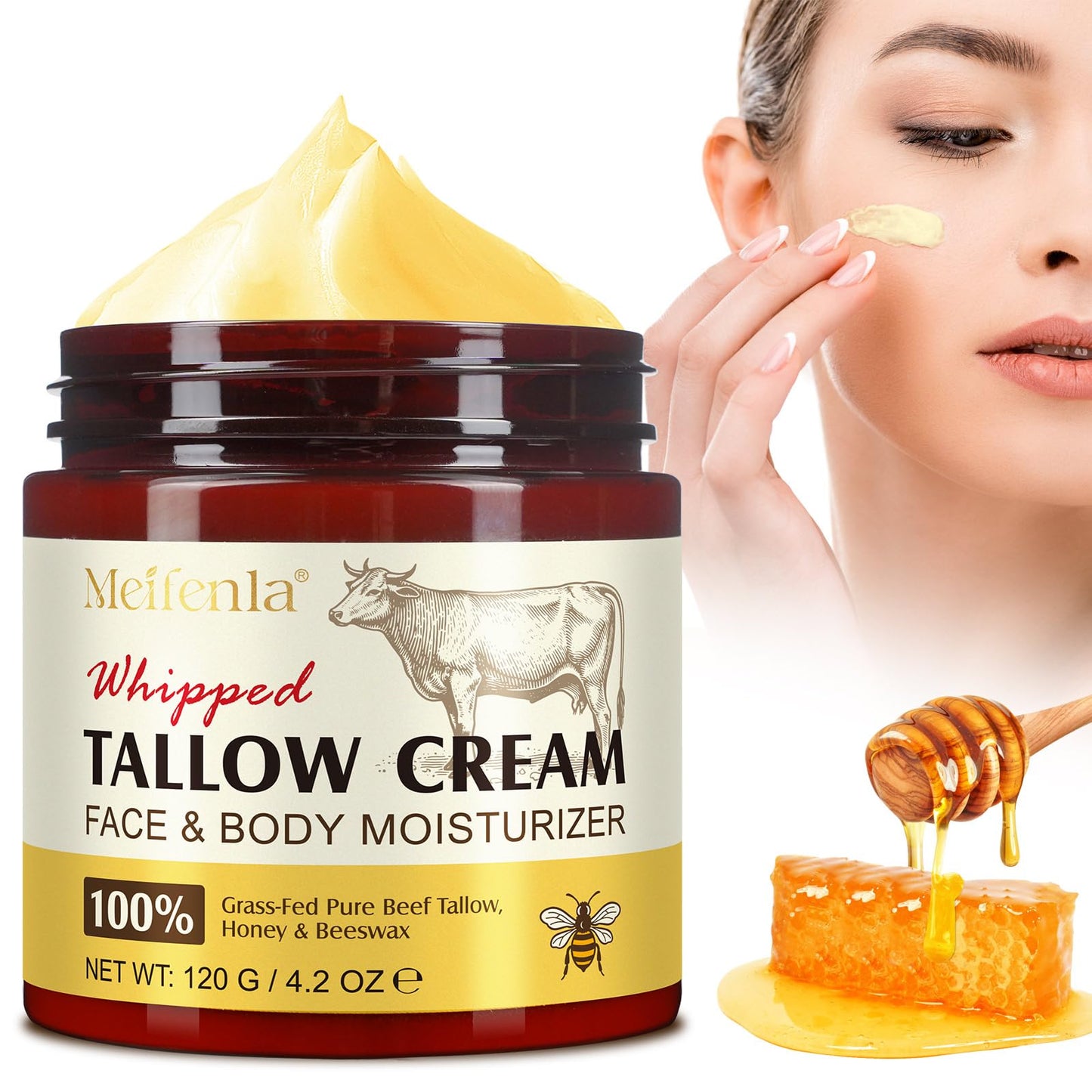 Meifenla Beef Tallow for Skin, Tallow and Honey Cream Natural Tallow Face Moisturizer,Hydrating Beef Tallow Balm Deeply Moisturizing for Face & Body Skin Care