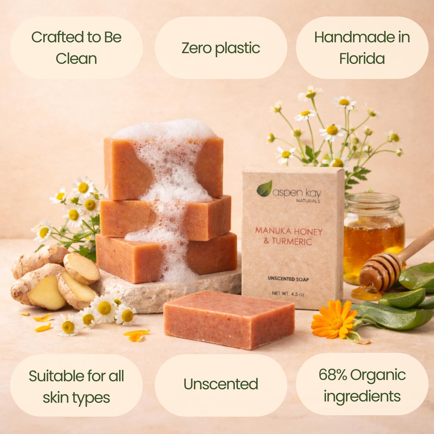 Manuka Honey & Turmeric Soap with Organic Aloe Vera & Shea Butter. 3 Pack