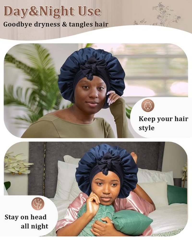 Reversible Satin Bonnet for Sleeping Women Silk Bonnet Double Layer Hair Bonnet with 2PCS Hair Scrunchies Elastic Tie Band Night Cap Hair Wrap for Natural Curly Hair (Navy Blue + Light Blue)