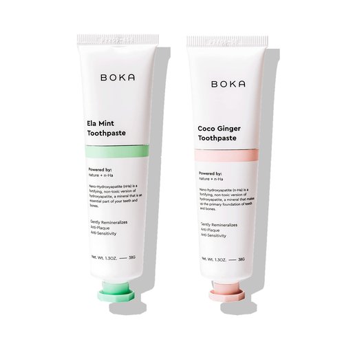 Boka Travel Size Toothpaste - Ela Mint, Coco Ginger 1.3 Fl Oz, Pack of 2 - Nano-Hydroxyapatite for Remineralizing, Sensitive Teeth & Whitening - Fluoride Free - Dentist Recommended for Adult, Kids