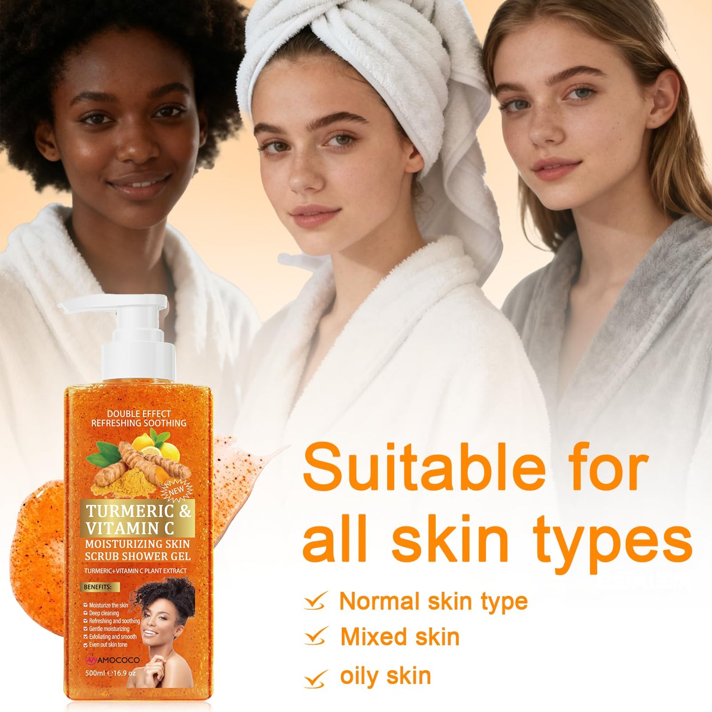 Amococo Vitamin C Turmeric Body Scrub Body Wash, Gentle Exfoliating Shower Gel with Fine Scrub Particles, Hydrating & Moisturizing Daily Cleanser Shower Gel, Unisex, 16.9 fl oz