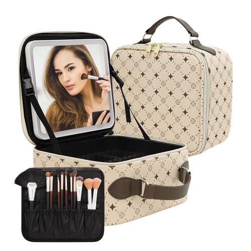 Travel Makeup Bag With 360° rotating LED Mirror,Waterproof cosmetic organizer,Portability Cosmetic case,Makeup organizer,Gift for Women,Girls Gift (Beige + Brown)
