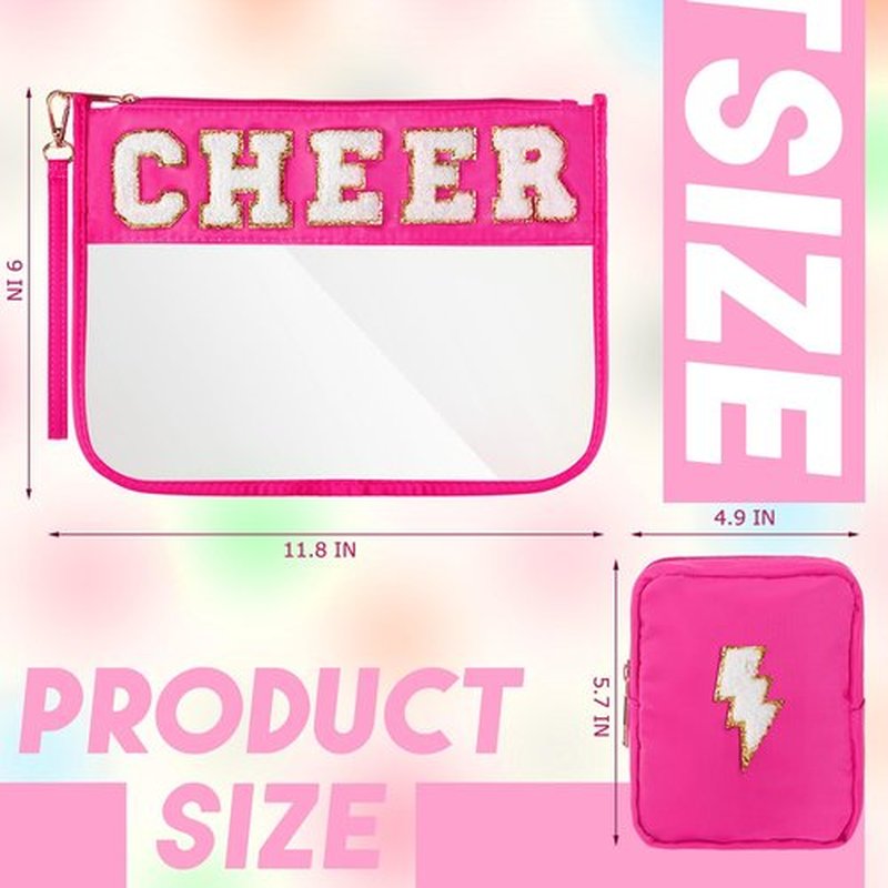 Hillban 2 Pcs Cheer Theme Gifts Cheer Chenille Letter Bags Pink Preppy Patch Makeup Bag Flat Clear Pouch PVC Organizer Purse Waterproof Travel Cosmetic Bag Portable Toiletry Storage Bag for Women