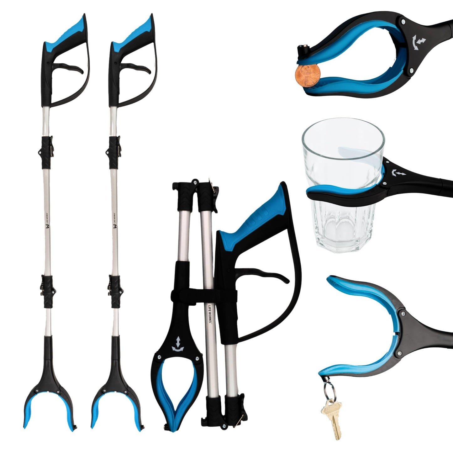 LIFE WORKS Reacher Grabber Tool, 360° Rotating Head, 4.5” Jaw Opening, Ergonomic Handle, Folds for Storage, Aids in Reaching Items High or Low, Surgery Recovery, Hip Replacement (2 Pack)