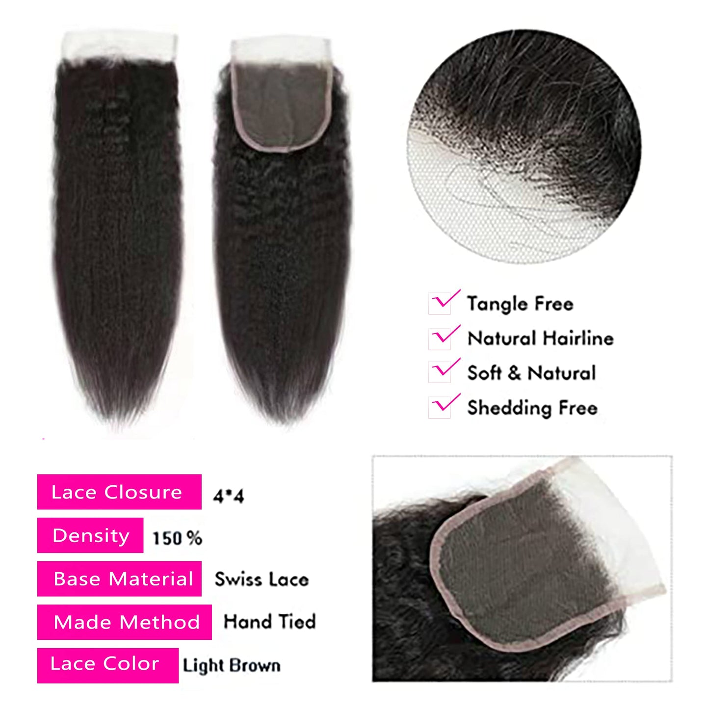 Selina Lace Closure Kinky Straight 4x4 Lace Closure Hd Lace Closure Kinky Straight Human Hair Free Part Lace Closure Hair Natural Color Black(18inch Kinky Straight, 4x4)
