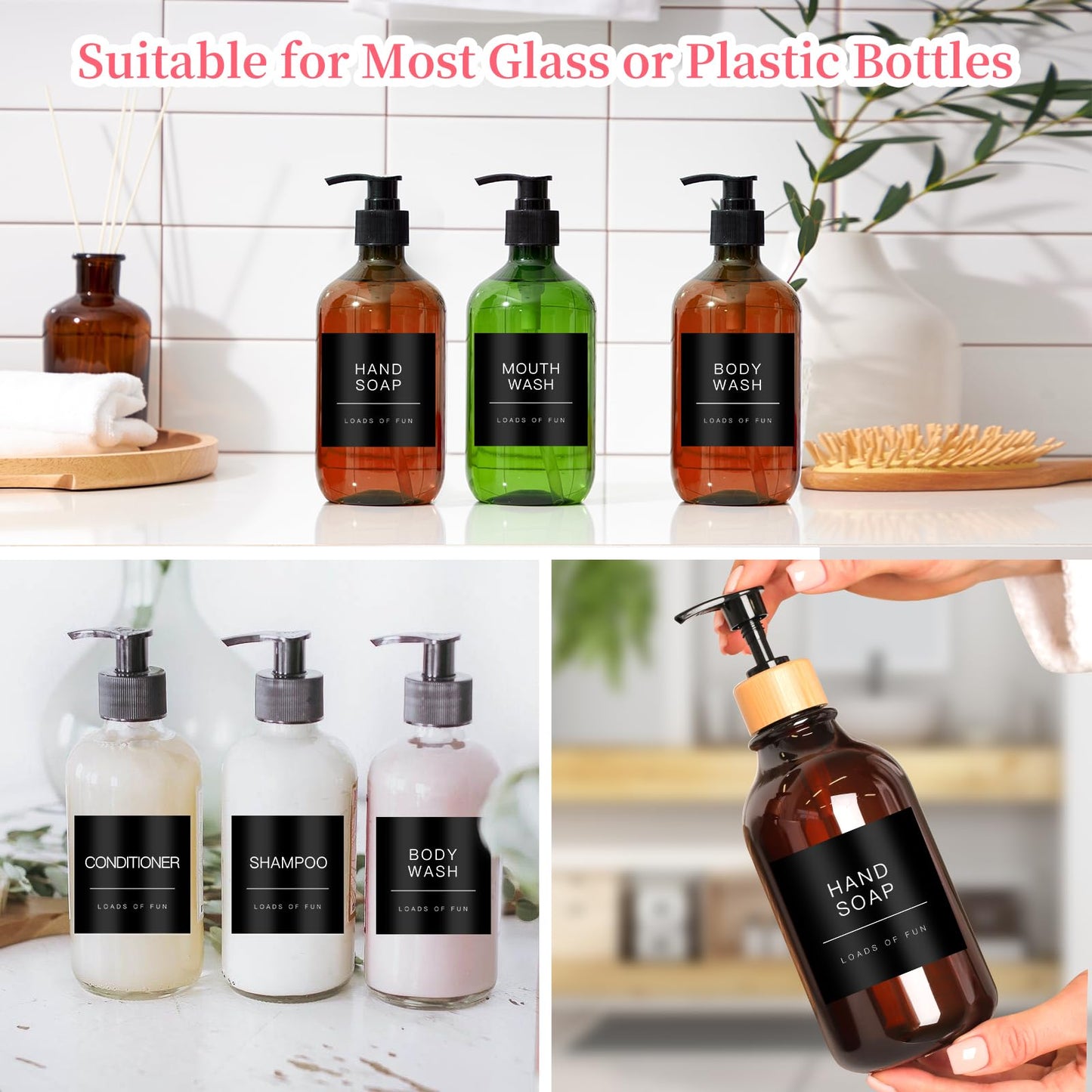 HVSWLY 24PCS Black Waterproof Soap Dispenser Labels, Modern, 2.6"x2.6", Bathroom Labels for Glass/Plastic Bottles, TCD-84