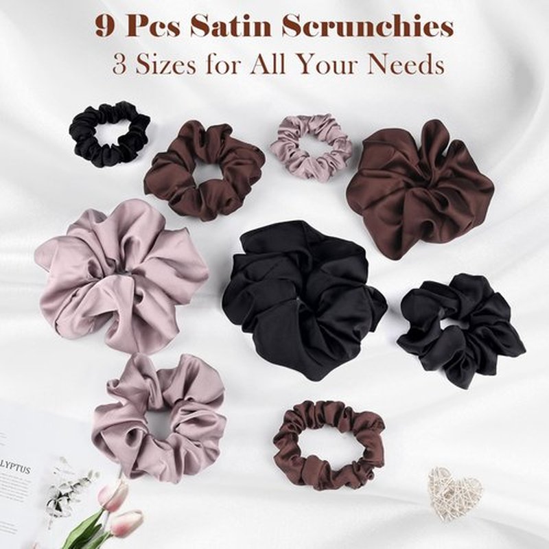 Gwabee 9 Pack Satin Hair Scrunchies for Women, Soft Scrunchie Hair Ties No Damage - Ideal Ponytail Holders for Curly Thick Hair, 3 Sizes Scrunchies Accessories Set for Women Girls-Black, Brown, Purple