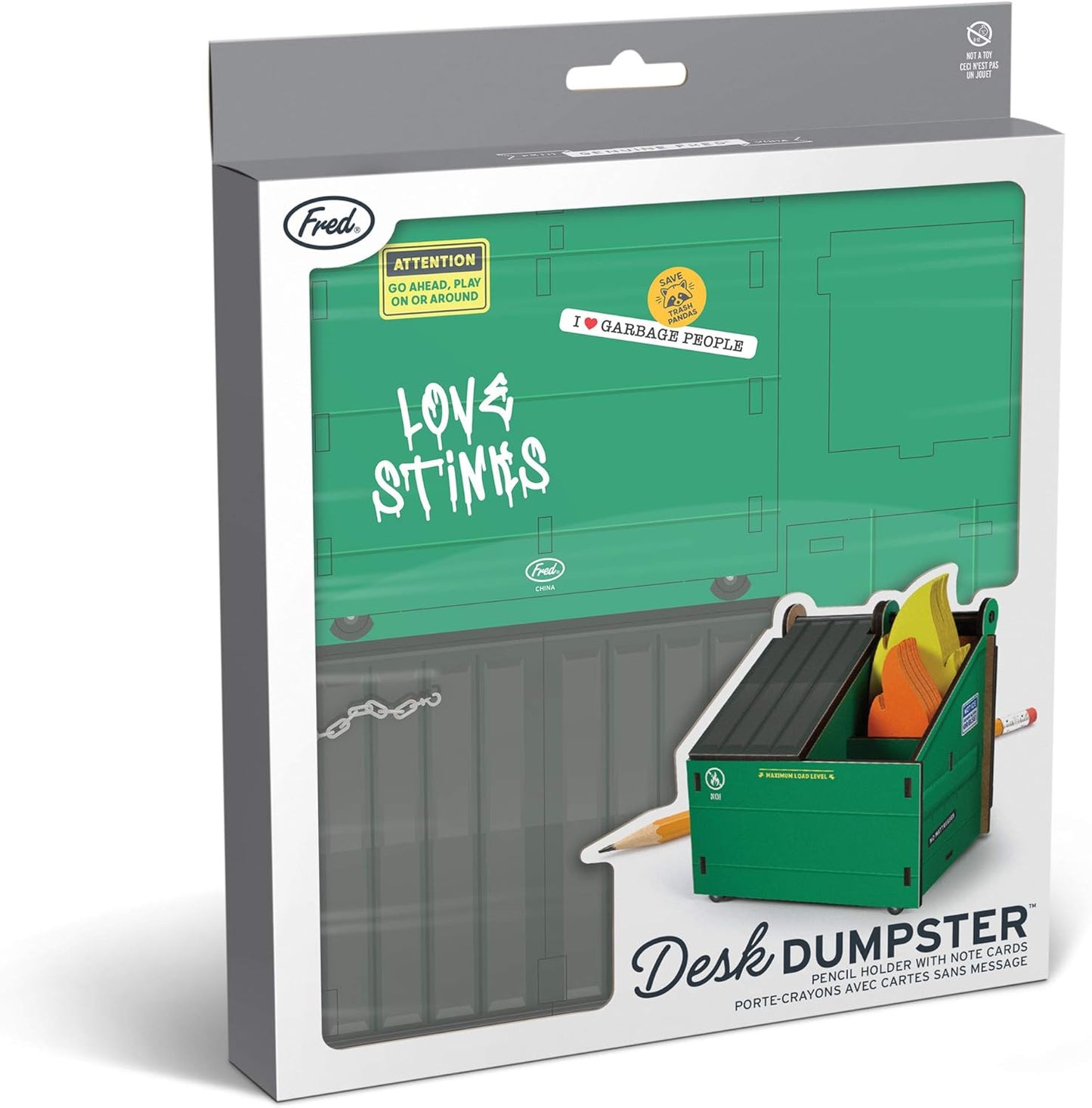 Genuine Fred Desk Dumpster Pencil Holder - Funny 3-Compartment Organizer with 100+ Flame Note Cards for Office or Home