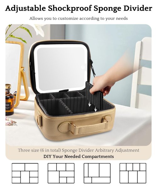 MOMIRA Travel Makeup Bag Cosmetic Bag with Lighted Mirror, Adjustable Brightness in 3 Color Scenarios/Detachable makeup mirror, 2024-All-round Upgrade, Waterproof, Gift for Women -Gold