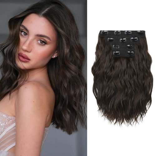 KUIRAN Hair Extensions, Clip in Hair Extensions 12" Short Curly Wavy Dark Brown Hair Extensions 4PCS Hair Extensions Invisible Lace Weft Natural Soft Hairpieces for Women - Dark Brown
