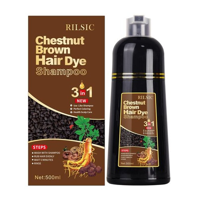 Chestnut Brown Herbal Hair Color Shampoo - 3 in 1 Instant Grey Coverage and Coloring for Women and Men (500ML)