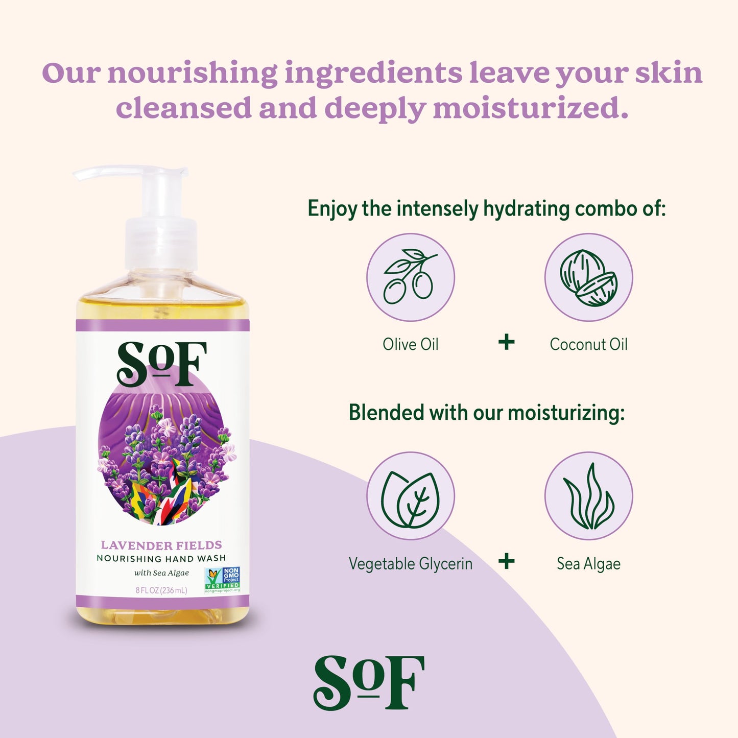 South Of France SoF Nourishing Hand Wash - With Moisturizing Sea Algae, Coconut & Olive Oil- Vegan & Non GMO- Free From Phthalates, Sulfates & Parabens- Lavender Fields - 8 oz Bottle 3 Pack