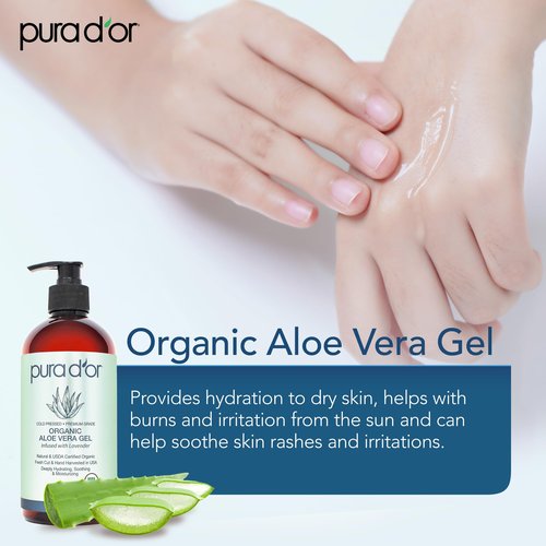 PURA D'OR ORGANIC Aloe Vera Gel Lavender (16 Oz X 2) All Natural - ZERO Artificial Preservatives - Deeply Hydrating & Moisturizing - Sunburn, Bug Bites, Rashes, Small Cuts, Eczema Relief - Skin & Hair