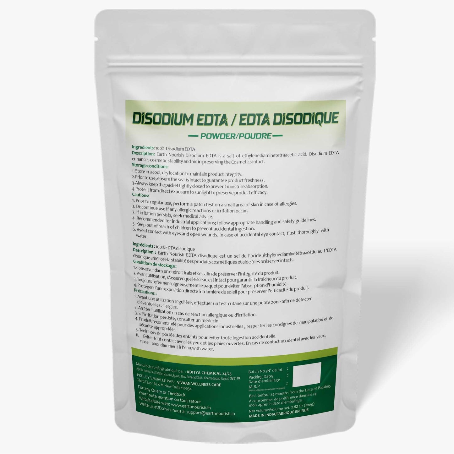 Earth Nourish Disodium EDTA - 3.52 Oz / 100g | Pure Cosmetic Grade Raw Material White Crystalline Powder for DIY Body Soaps, Hair Shampoo & Conditioner, Facewashes Foam Builder & Cleanser