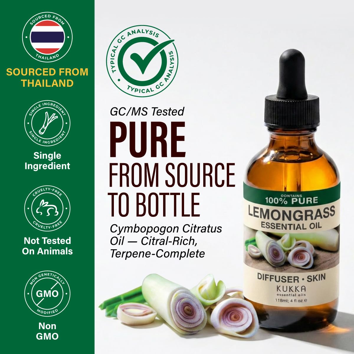 100% Pure Lemongrass Oil - 4 Fl Oz Lemongrass Essential Oil for Hair, Skin, Diffuser, Aromatherapy & DIY Soap Making Scent