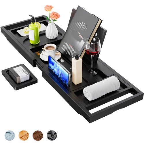 Yirilan Bath Tray, Foldable Bathtub Caddy, Adjustable Premium Bamboo Bathroom Tray for Tub, for Home Spa - Couples Wedding Gifts - Black