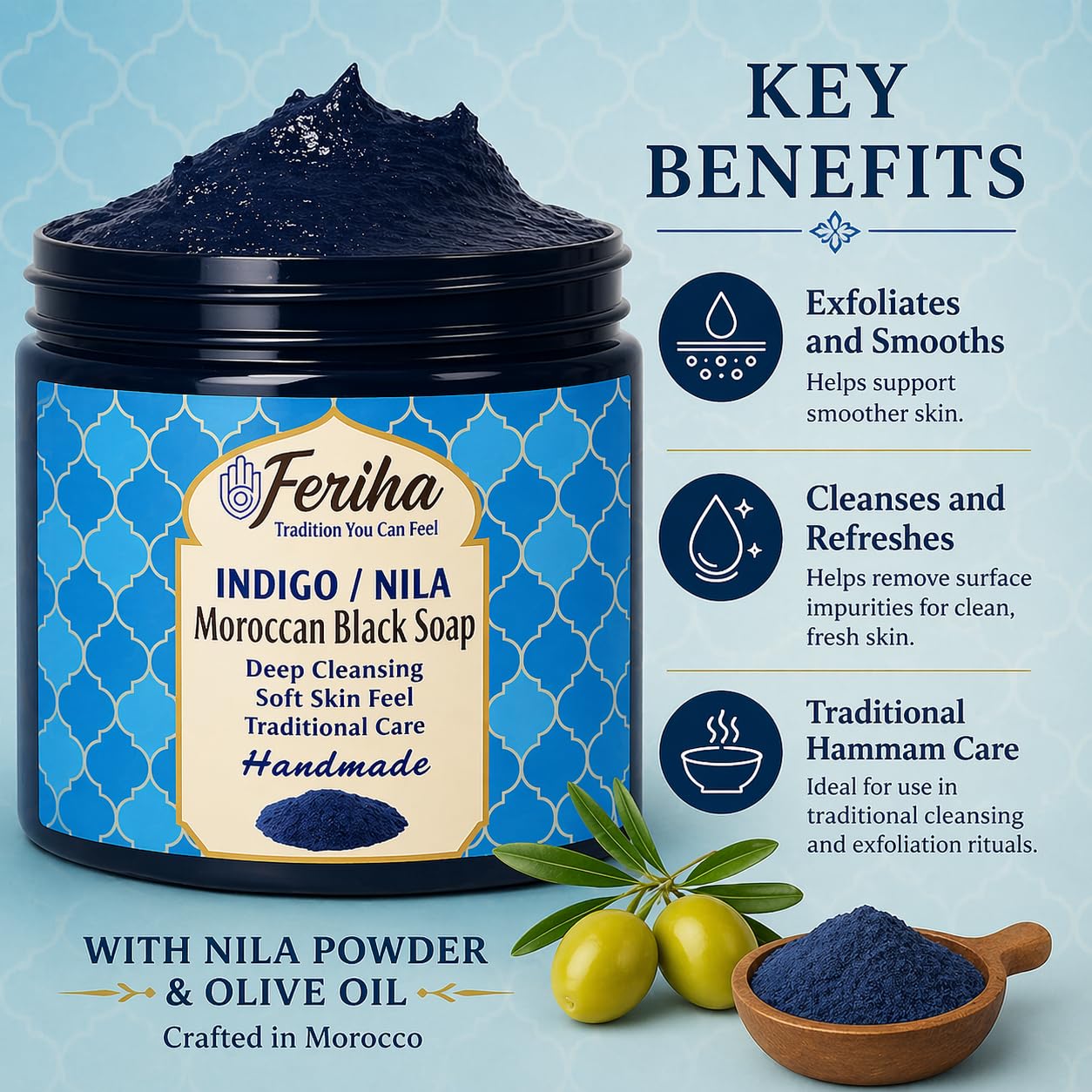 Feriha Moroccan Black Soap, Indigo, Sahara Nila, 100% Natural, Artisan Beldi Soap, Crafted & Packed in Morocco - Traditional Hammam Formula
