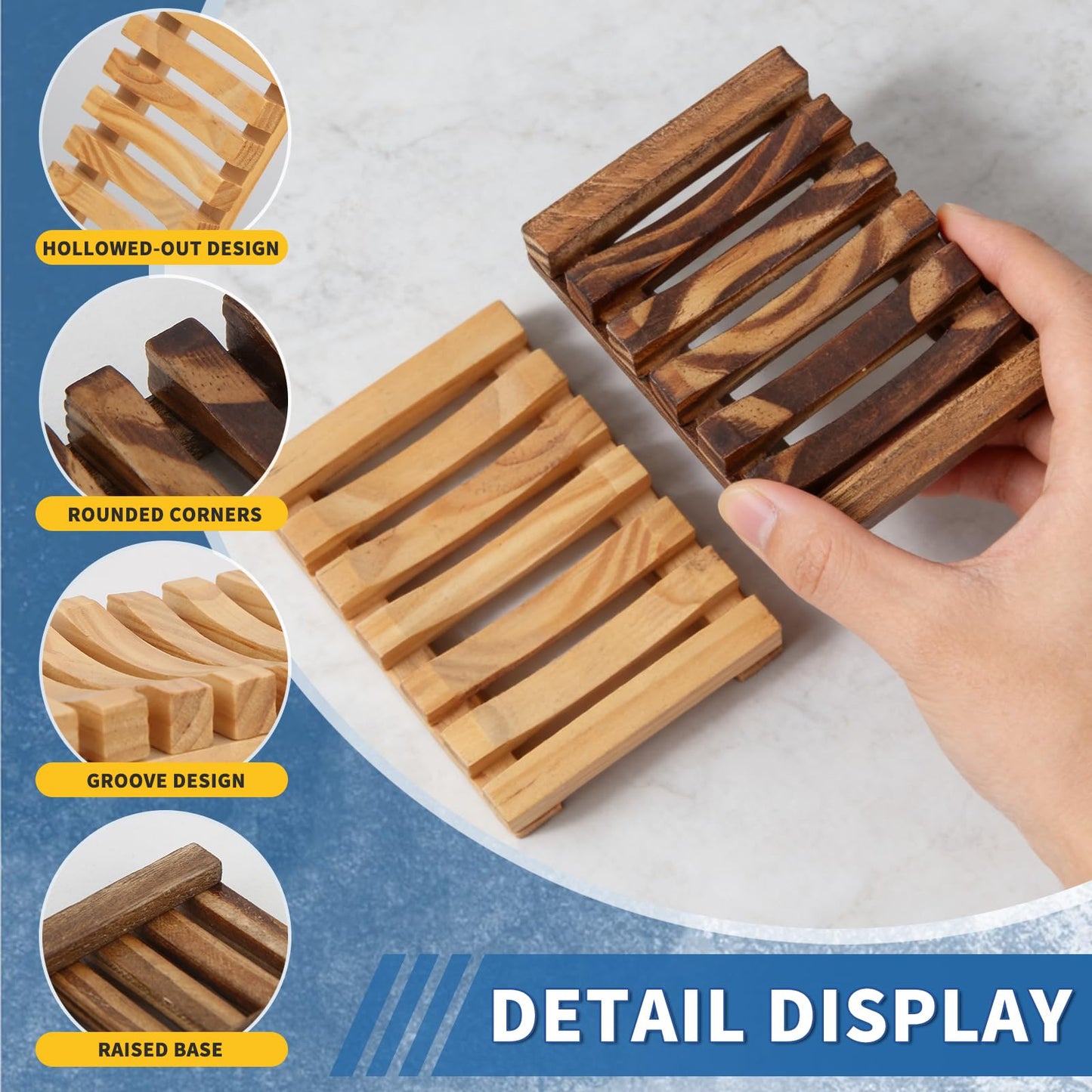 Soap Saver Compatible with Dr. Squatch, Set of 2 Wooden Soap Dish for Shower, with Self Draining, Extend Soap's Life and Keep Dry, Ideal for Bathroom, Bathtub and Shower, Charcoal and Wooden Color