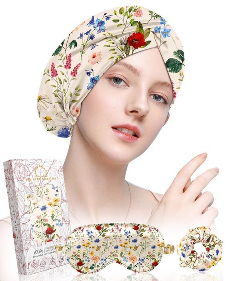 Miss Adola Silk Bonnet for Women - Mulberry Silk Sleep Cap for Hair Care with Eye Mask & Scrunchie 19 Momme Night Cap Sleeping Set with Elastic Stay On Head, Retro Flower