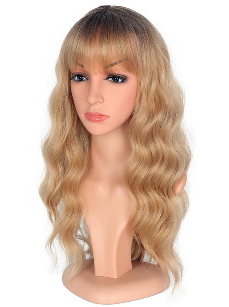 SYMEIW Medium Long Blonde Wavy Wigs For Women Synthetic Full Hair Blonde Wigs With Bangs For Daily Use (Blonde)