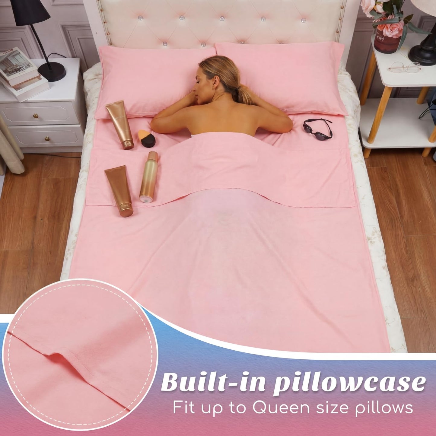 Irenare Self Tan Sleep Sack Reusable Body Self Tanners Lightweight Breathable Tanning Sleeping Sac for Bed Travel Sleeping Bag (Pink)