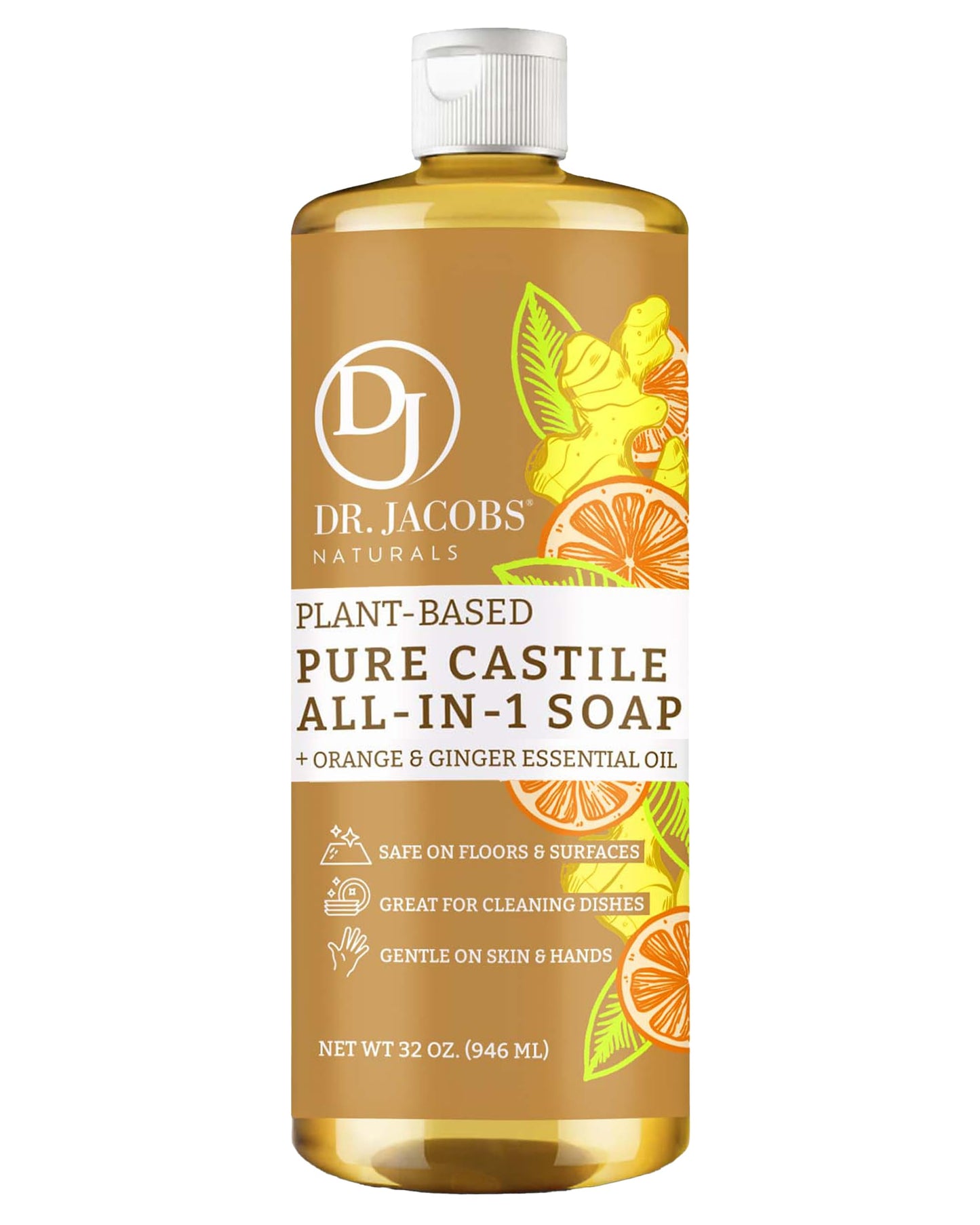 Dr. Jacobs Naturals Orange & Ginger Castile All-In-One Cleaner and Soap - Plant-Based Formula for House Cleaning Floors and Appliances - Gentle on Skin and the Planet - 32 oz, 1 Pack