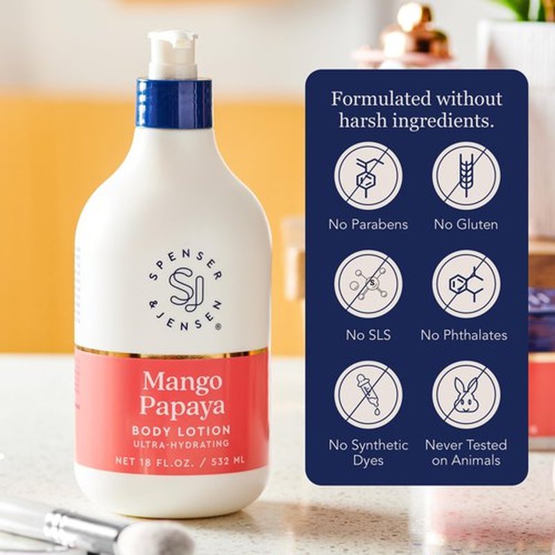 Spenser & Jensen Daily Moisturizing Body Lotion with Hydrating Mango & Papaya - Gentle On All Skin Types - Body Lotion for Women & Men - Paraben Free - 18 Oz (Pack of 2)