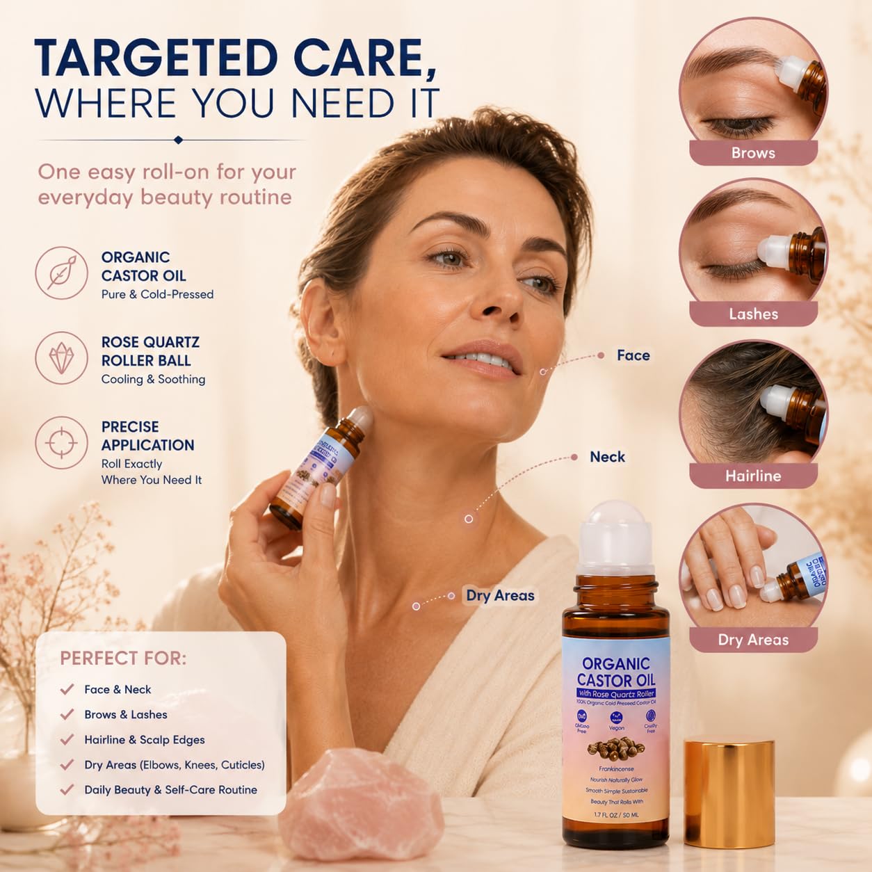 TOGOLIUN Organic Castor Oil Roll On with Rose Quartz Roller Ball, Cold-Pressed Hexane-Free, 100% Pure, Unscented Golden Castor Oil for Face, Neck, Brows, Lashes & Body, Unscented, 1.7 Fl Oz