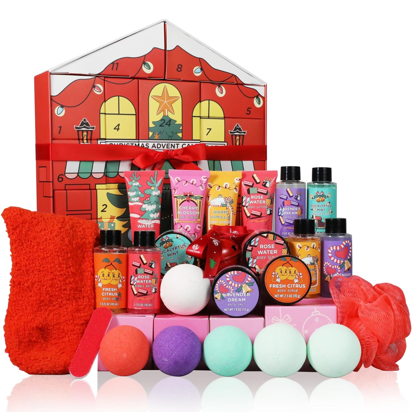 2026 Beauty Advent Calendar for Women, Christmas Countdown Gifts with Bath Bomb Bubble Bath Hand Cream Santa Sock, 24 Day Red Advent Calendar
