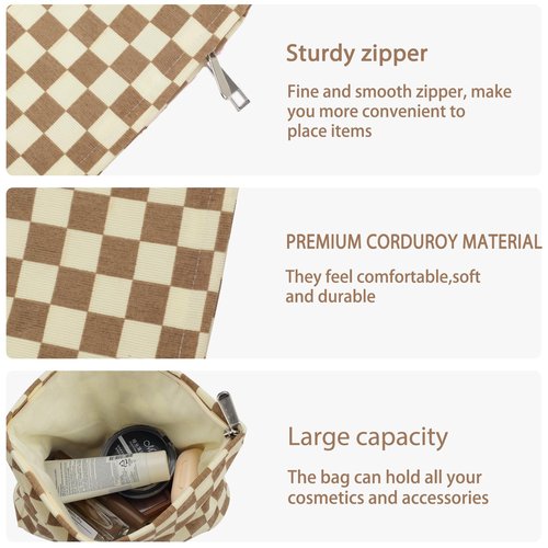 ZLFSRQ Checkered Makeup Bag for Women Girls Large Capacity Brown Corduroy Travel Cosmetic Bag Set Makeup Pouch for Purse Zipper Toiletry Organizer Cute Y2K Aesthetic Trendy Makeup Brushes Storage Bag