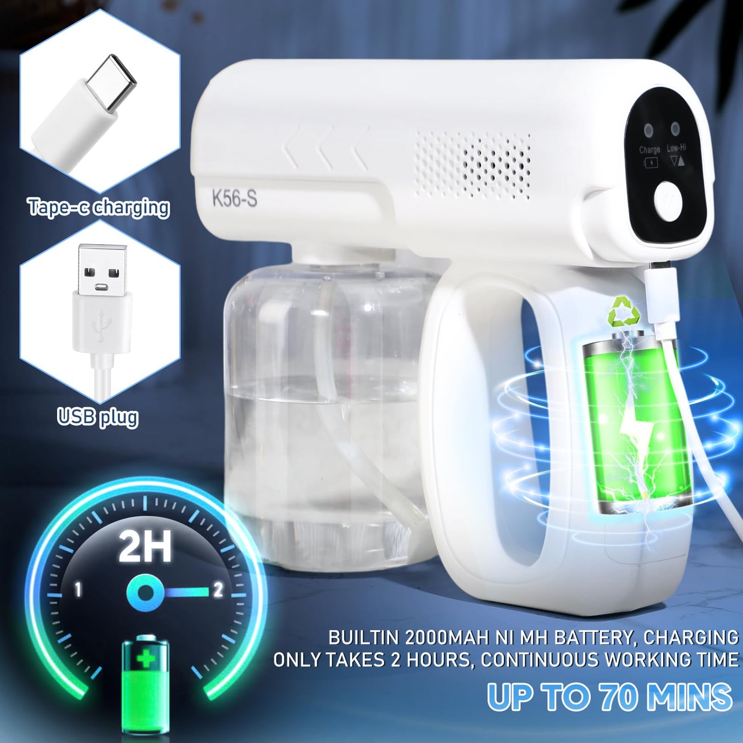 Mysora 2 Pack Rechargeable Nano Spray Gun Wireless Fogger Machine Handheld Electric Atomizer Portable Barber Mist Sprayer Nano Steam Gun with Blue Light for Home Office(K5mini)