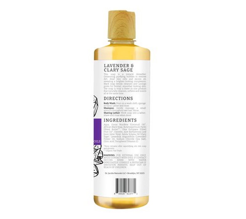Dr Jacobs Naturals Authentic African Black Liquid Soap with Lavender & Sage Scent | All-In-One Face Wash, Sensitive Skin Body Wash, Shampoo, Shaving Soap | Moisturizing and Nourishing Formula 16oz 1pk