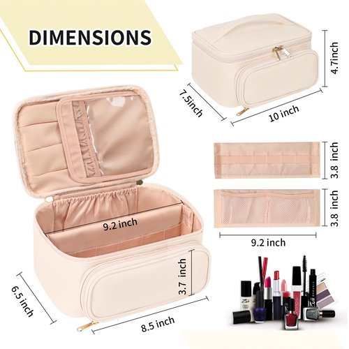 OCHEAL Makeup Bag, Multifunctional Make Up Bags Large Compact Makeup Bag Organizer Cosmetics Toiletry Brushes Storage Case for Women Girls Makeup Case with Handle Divider-Beige