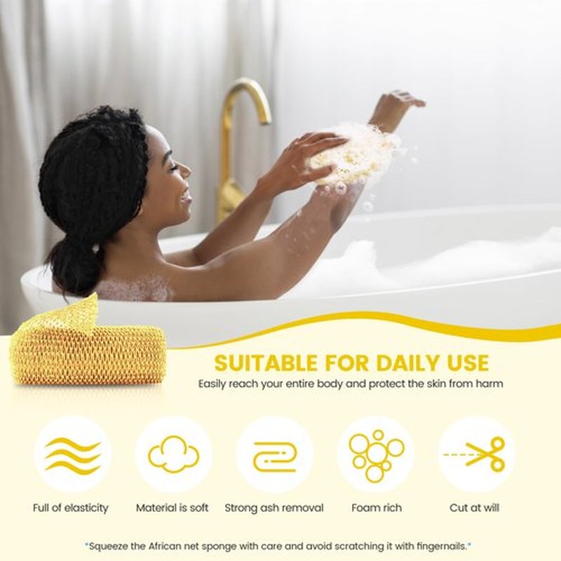 ZOCY African Net Sponge, Authentic Exfoliating Body Scrubber for Bath and Shower, Multiple Textures with Gentle Deep Exfoliating and Rich Lather for All Skins (Yellow)