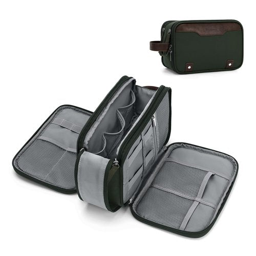 Wedama Toiletry Bag for Men, Medium Hanging Travel Toiletry Bag, Extra Electronic Organizer Bag Waterproof Travel Bag for Toiletries with PU Handle for Travel Trips Swim Camping, Green+ Brown