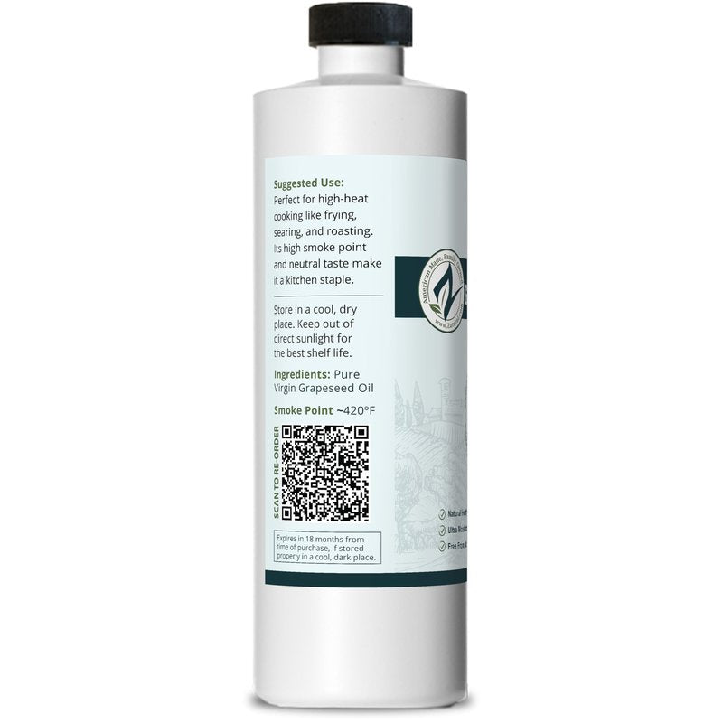 Zatural 100% Pure Cold Pressed Grapeseed Oil – Naturally Grown Virgin, High Smoke Point 450°F+, Non-GMO, Perfect for Cooking Frying Baking, Dressings Marinades & Skincare Hair (16 Fl oz)